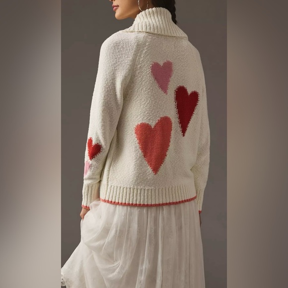 Anthropologie Maeve Heart Cardigan Sweater, Cream / Pink / Red, XSP - Picture 1 of 16
